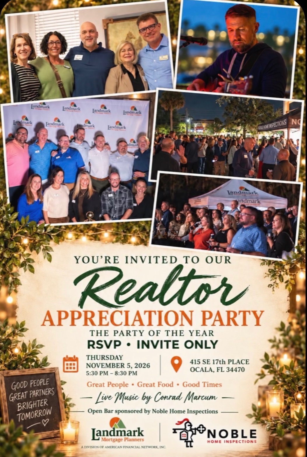 Realtor Appreciation Party flyer: Thursday, November 5, 2026, 5:30 to 8:30 PM, 415 SE 17th Place, Ocala